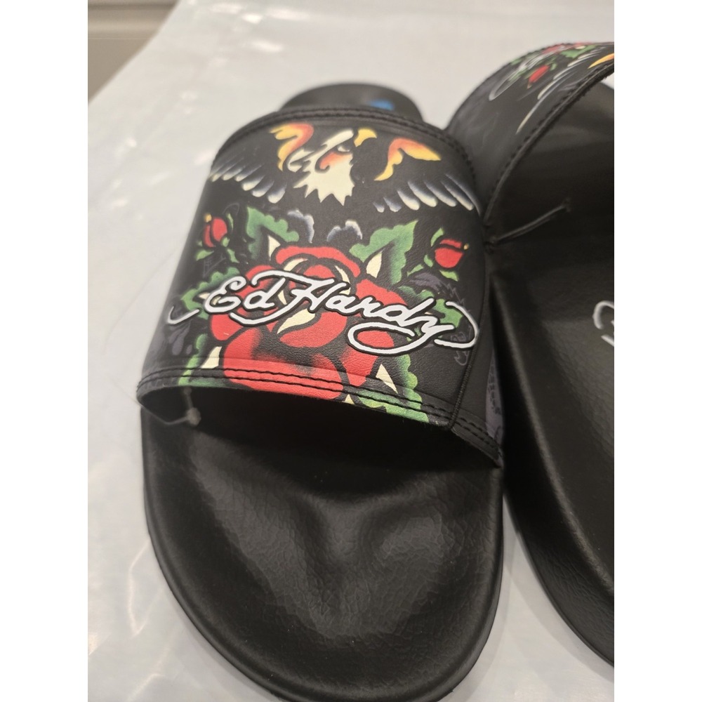 Ed Hardy Traditional Eagle Red Rose Tattoo Green Leaf Slides Mens Size  10